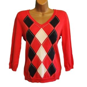 Liz Claiborne Red Argyle V-Neck Sweater (Medium)